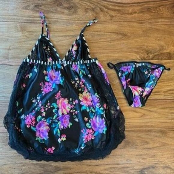 Victoria’s Secret Black & Purple Floral Lace Trim Babydoll Cami Chemise Slip Dre - Picture 1 of 8